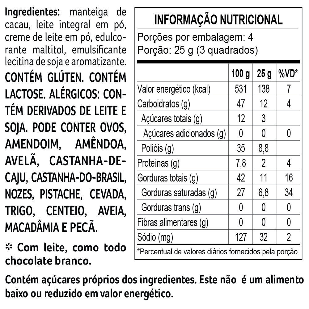 Tablete laCreme Branco Zero Adição de Açúcar 100g