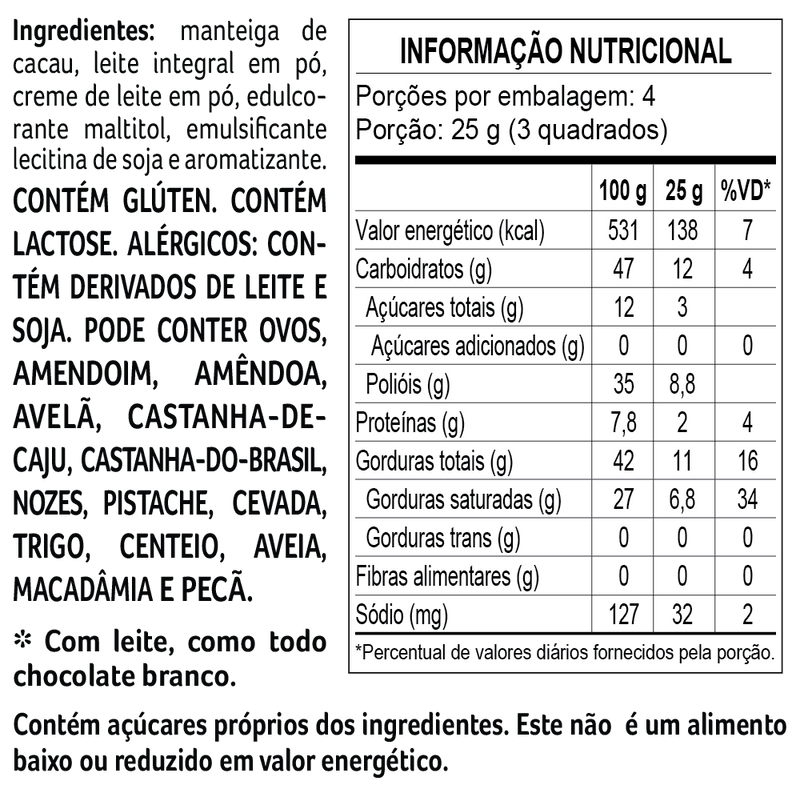 Tablete laCreme Branco Zero Adição de Açúcar 100g